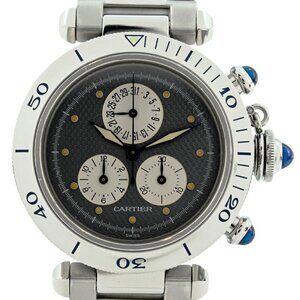 Cartier 36mm Ladies Pasha Chronograph Stainless Steel Blue Dial Watch Ref: 1352!